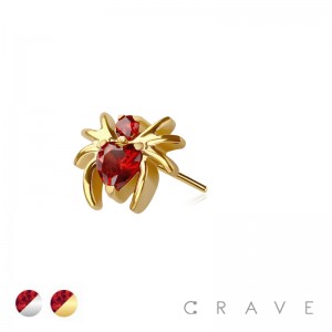 316L SURGICAL STEEL THREADLESS PUSH IN RED HEART CZ SPIDER TOP PART